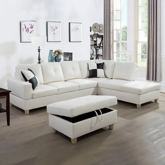 Stylish L-Shaped Convertible Sectional Sofa for Small Spaces - Elegant White Flannel & PVC Couch