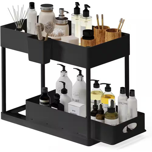 Maximize Your Space with the 2-Tier Black Sliding Under Sink Organizer - Perfect for Kitchen and Bathroom Storage!