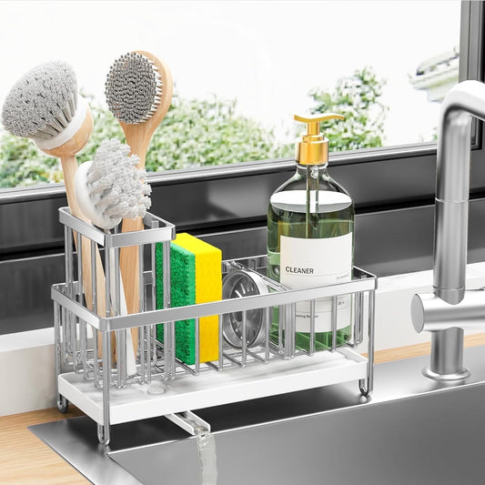Elevate Your Kitchen Organization with the Cisily Silver Sponge Holder - Rustproof 304 Stainless Steel Sink Caddy with High Brush Holder
