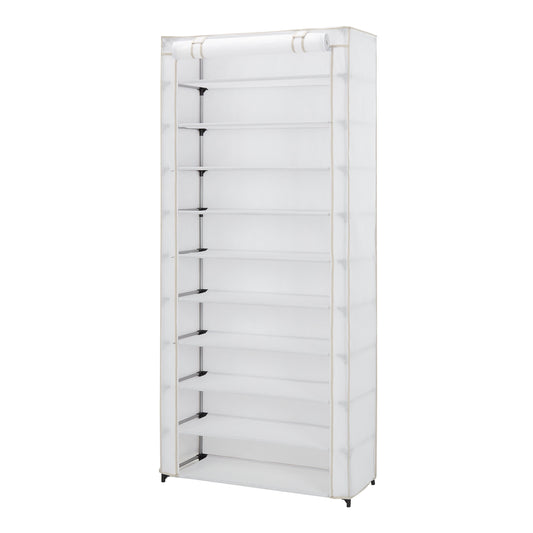 Versatile 10-Tier Shoe Rack Organizer with Cover - Holds 30 Pairs, Stylish White Finish