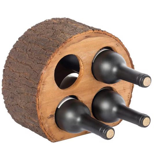 Rustic Round Wood Log Wine Rack Holder for 4 Bottles - Perfect for Charming Tabletop Display