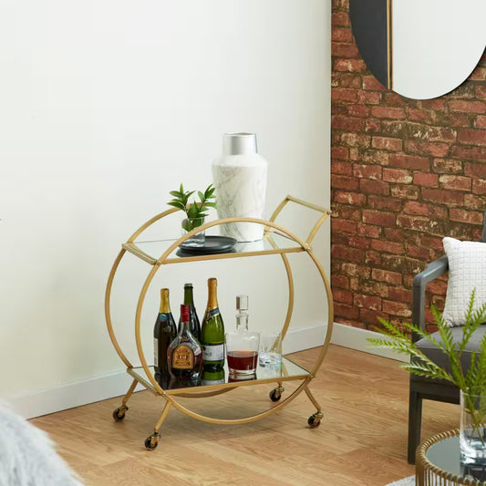 Elevate Your Entertaining with the Stylish 30-Inch Gold Rolling Bar Cart Featuring Mirrored Shelves and Convenient Wheels